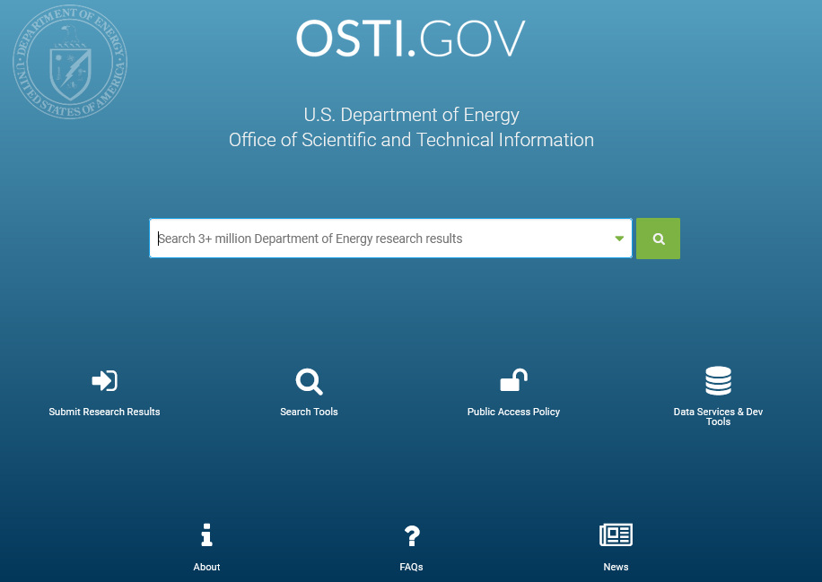 OSTI.GOV – miliony otevřených záznamů v oblasti energetiky úvodní stránka OSTI.GOV
