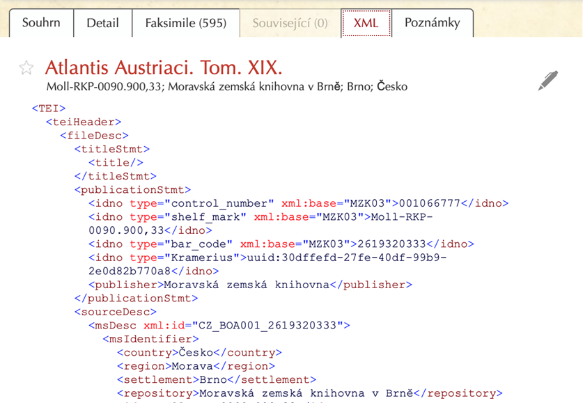 Náhled karty "XML“, zdroj: http://www.manuscriptorium.com/cs