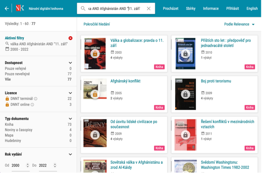 Příklad vyhledávání pomocí výrazu a filtru v Národní digitální knihovně