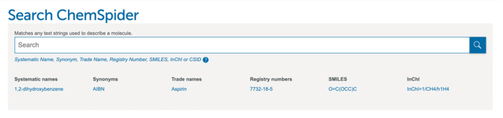Obrázek 2. Vyhledávač portálu ChemSpider (zdroj: autorka)