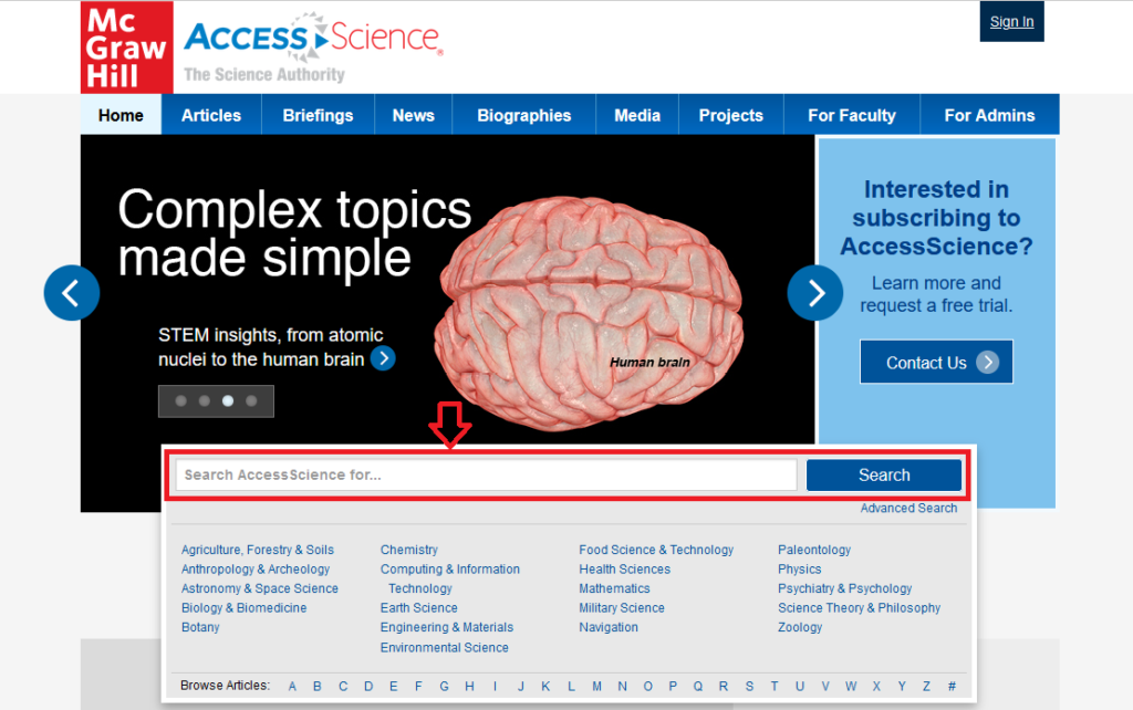 Základní vyhledávání na úvodní stránce portálu AccessScience