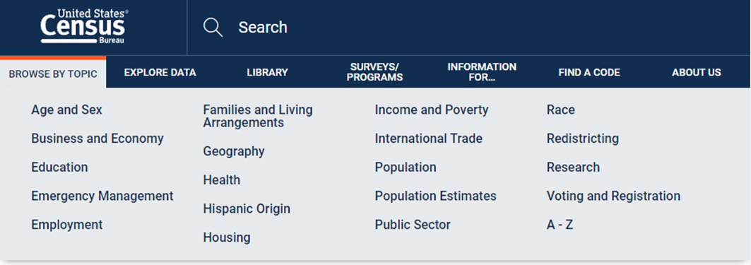 Sekce vyhledávání dle tématu na census.gov