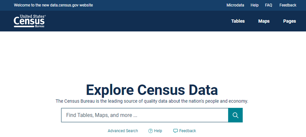 Obrázek 1: Sekce vyhledávání dle tématu. Zdroj: autorka, získáno z https://www.census.gov/en.html