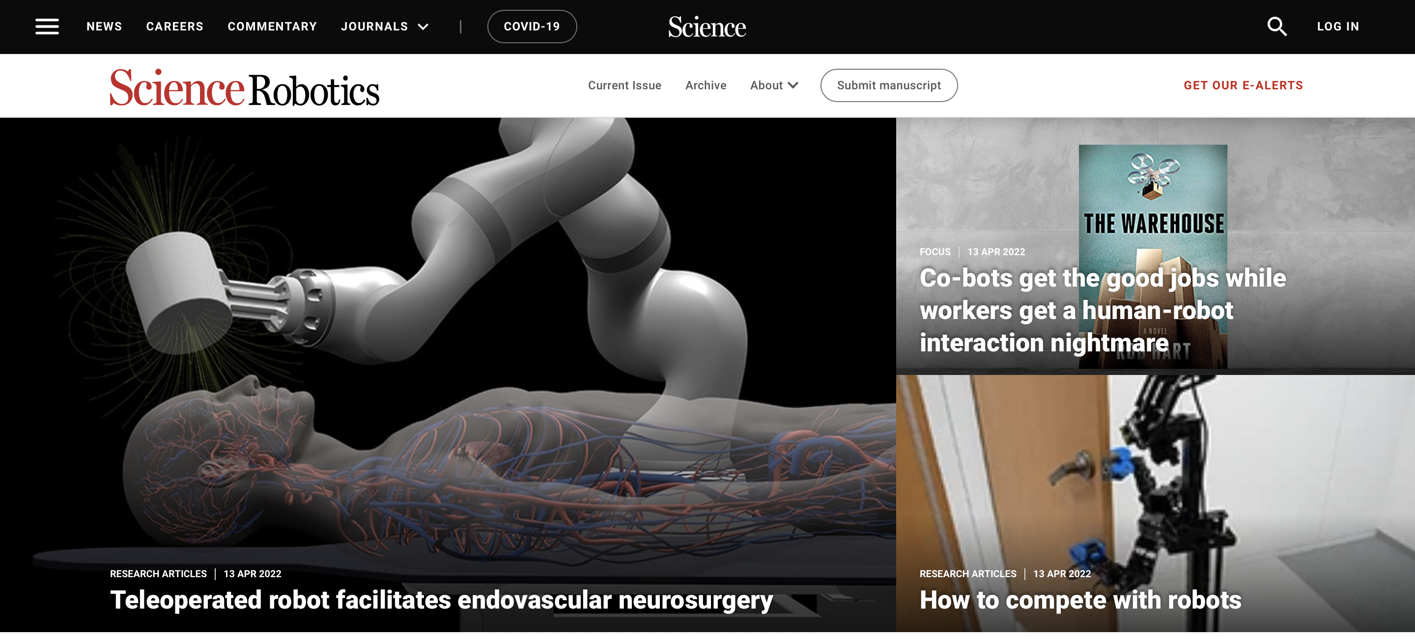 Obrázek 2: snímek obrazovky hlavní stránky webu Science Robotics