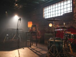 music room with lights turned on