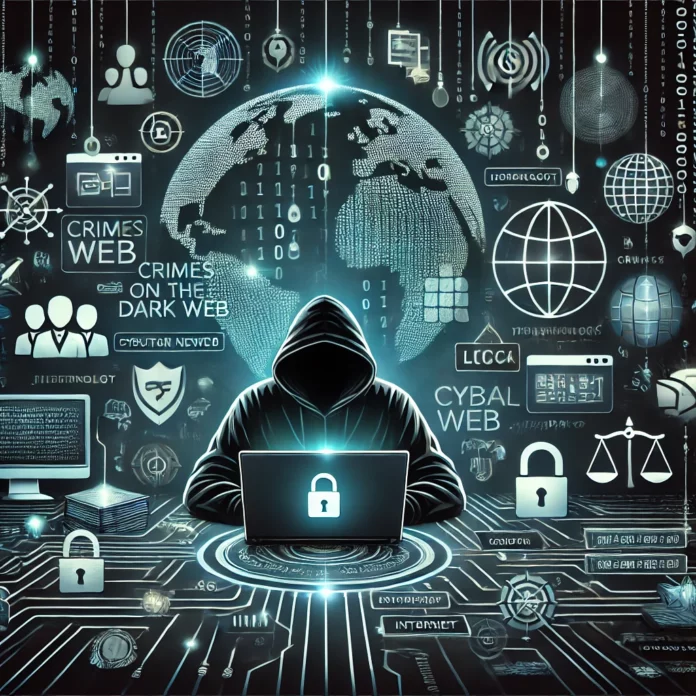DALL·E 2024-12-17 21.10.27 - An illustration of a dark and mysterious digital web environment representing crimes on the dark web. Include symbolic visuals such as a hooded figure