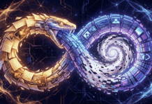 Model Collapse: When AI Training on Synthetic Data Threatens Knowledge Integrity synthetic visualization created by an artificial intelligence model based on the "Ouroboros" and "Model Collapse" concepts discussed in text