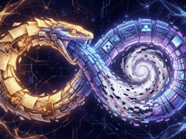 synthetic visualization created by an artificial intelligence model based on the "Ouroboros" and "Model Collapse" concepts discussed in text