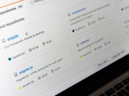 GitHub repositories interface showing Angular and TypeScript projects with star counts